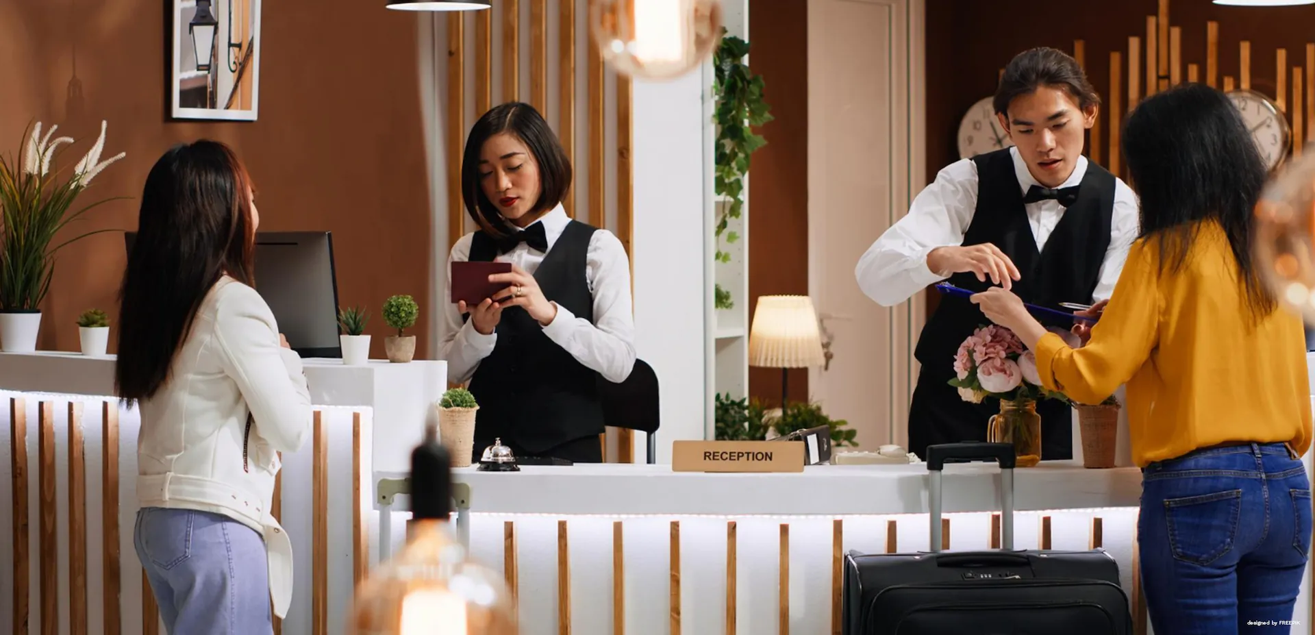 English for Travel: Two women guests booking a hotel room at the reception area
