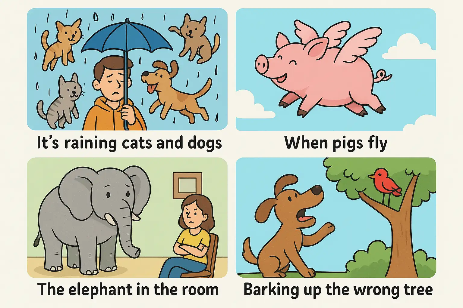 4 images of animated idioms; it's raining cats and dogs, when pigs fly, the elephant in the room and barking up the wrong tree