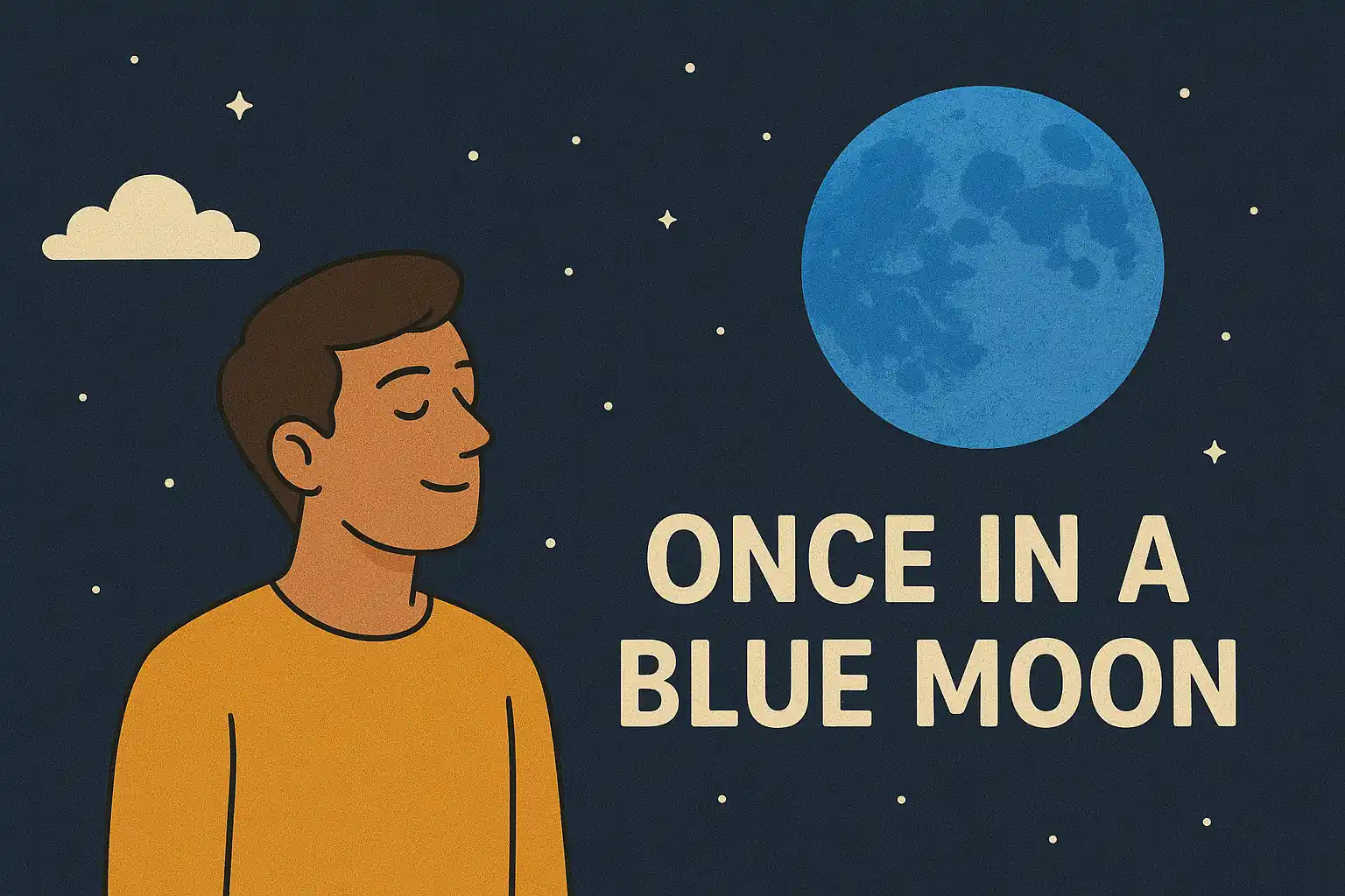 an animated image of the idiom "once in a blue moon", a boy looking at the blue moon
