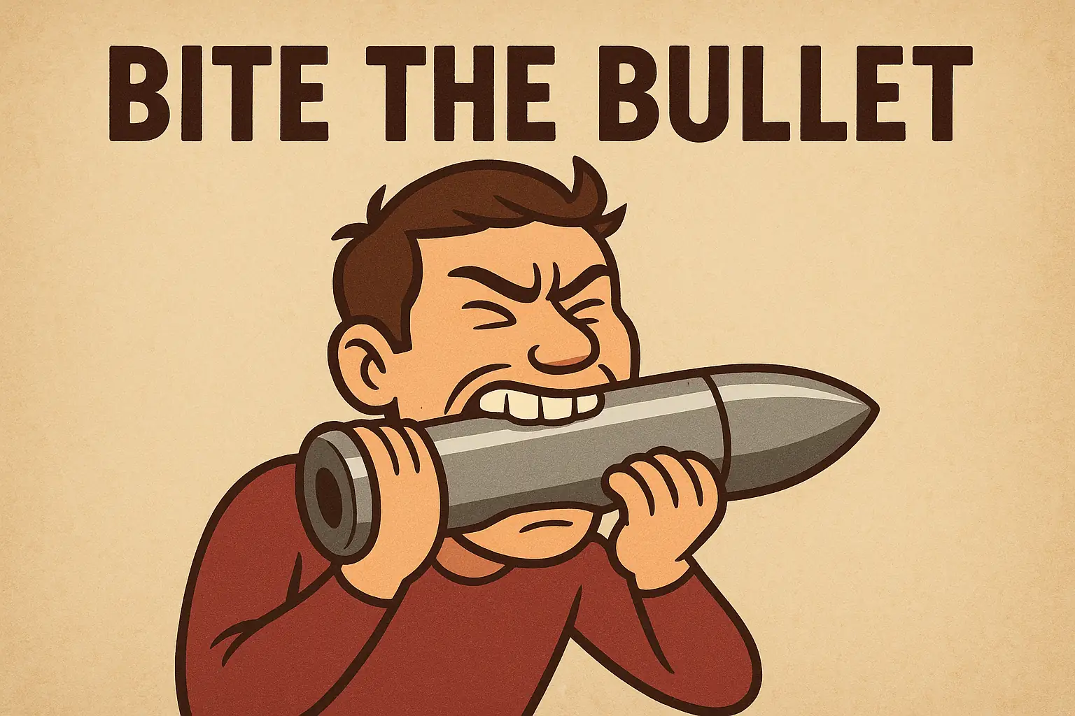 an animated picture of someone biting the bullet showing the idiom "bite the bullet"