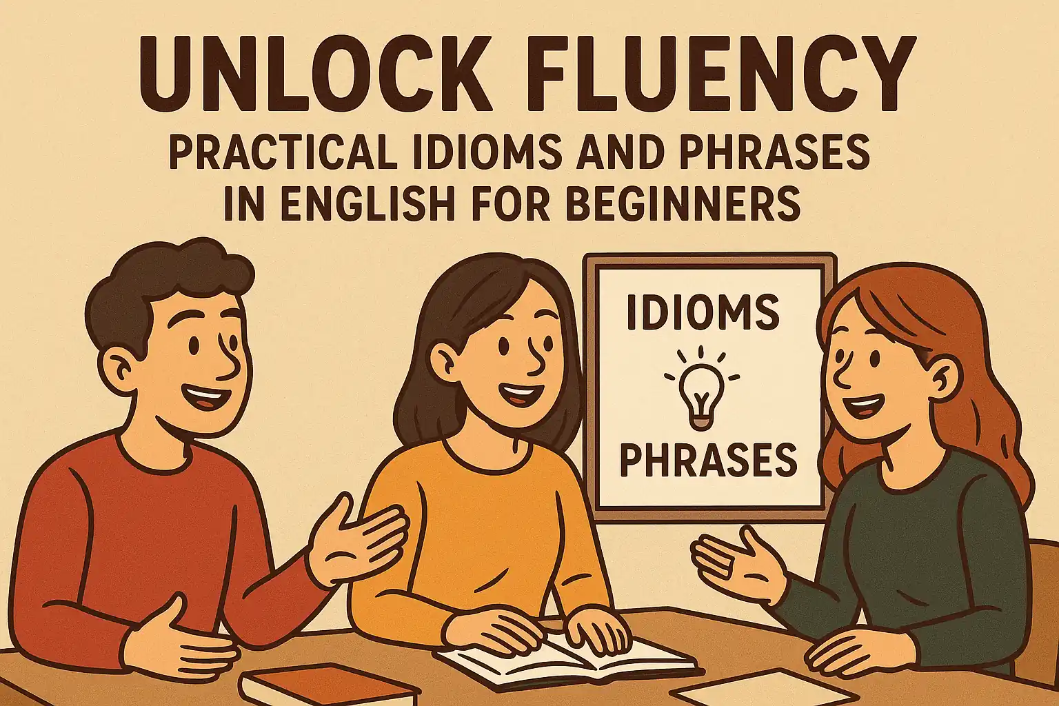 A group of students discussing idioms and phrases in English