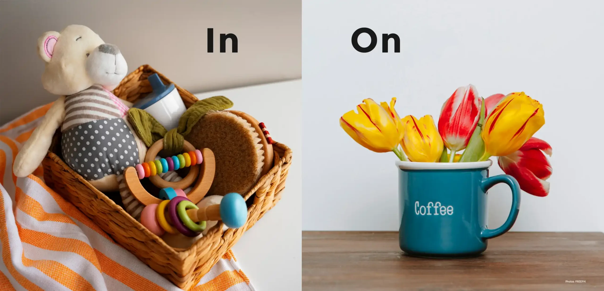 10 Common Mistakes with Prepositions in English and How to Fix Them; 2 images of toys in the box and flowers on the table