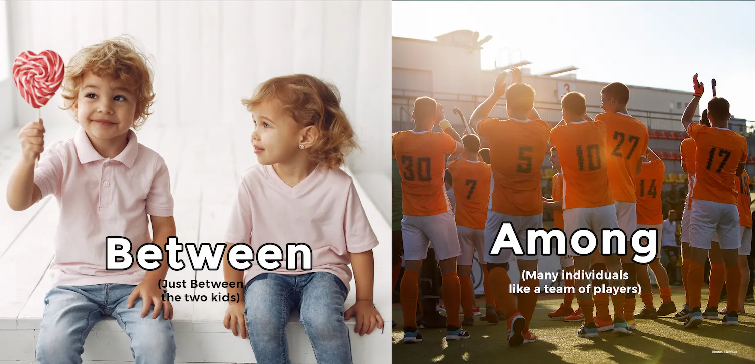 an image discussing the difference between prepositions "between" and "among" in terms numbers