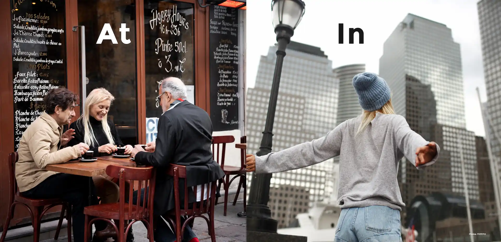 10 Common Mistakes with Prepositions in English and How to Fix Them, 2 images of At a specific coffee shop and in the city