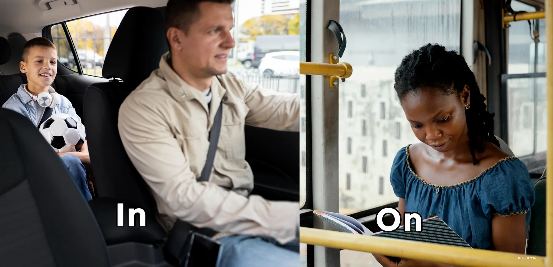 2 images show the difference between Prepositions On and In, 2 people in the car and a lady on the bus