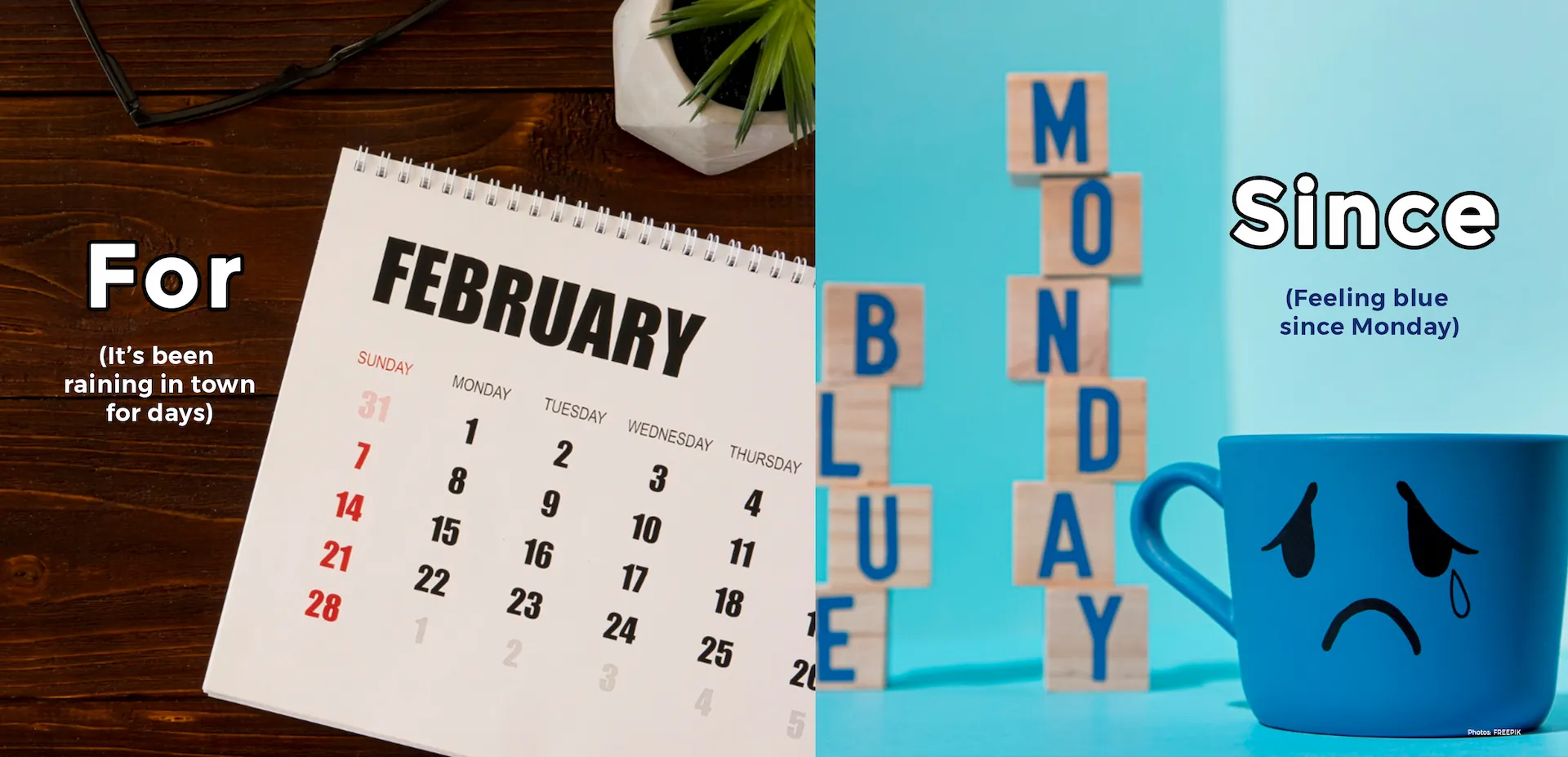 An image discussing the difference of Prepositions "for" and "since"