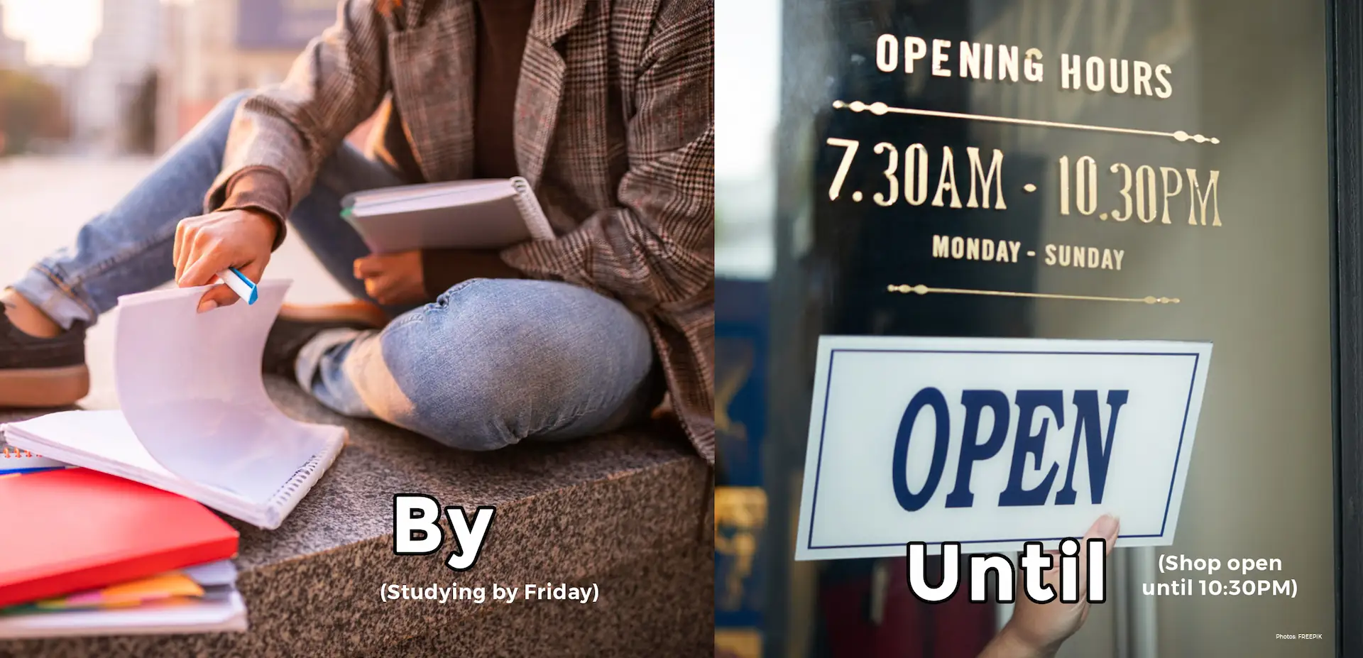 an image explaining the difference between Prepositions "by" and "until"