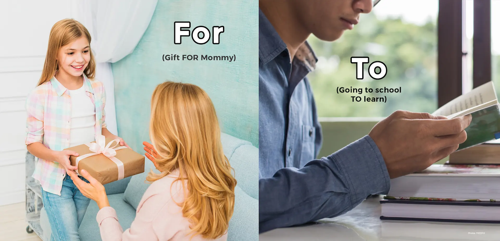 an image discussing the difference between prepositions "for" and "to" for purpose