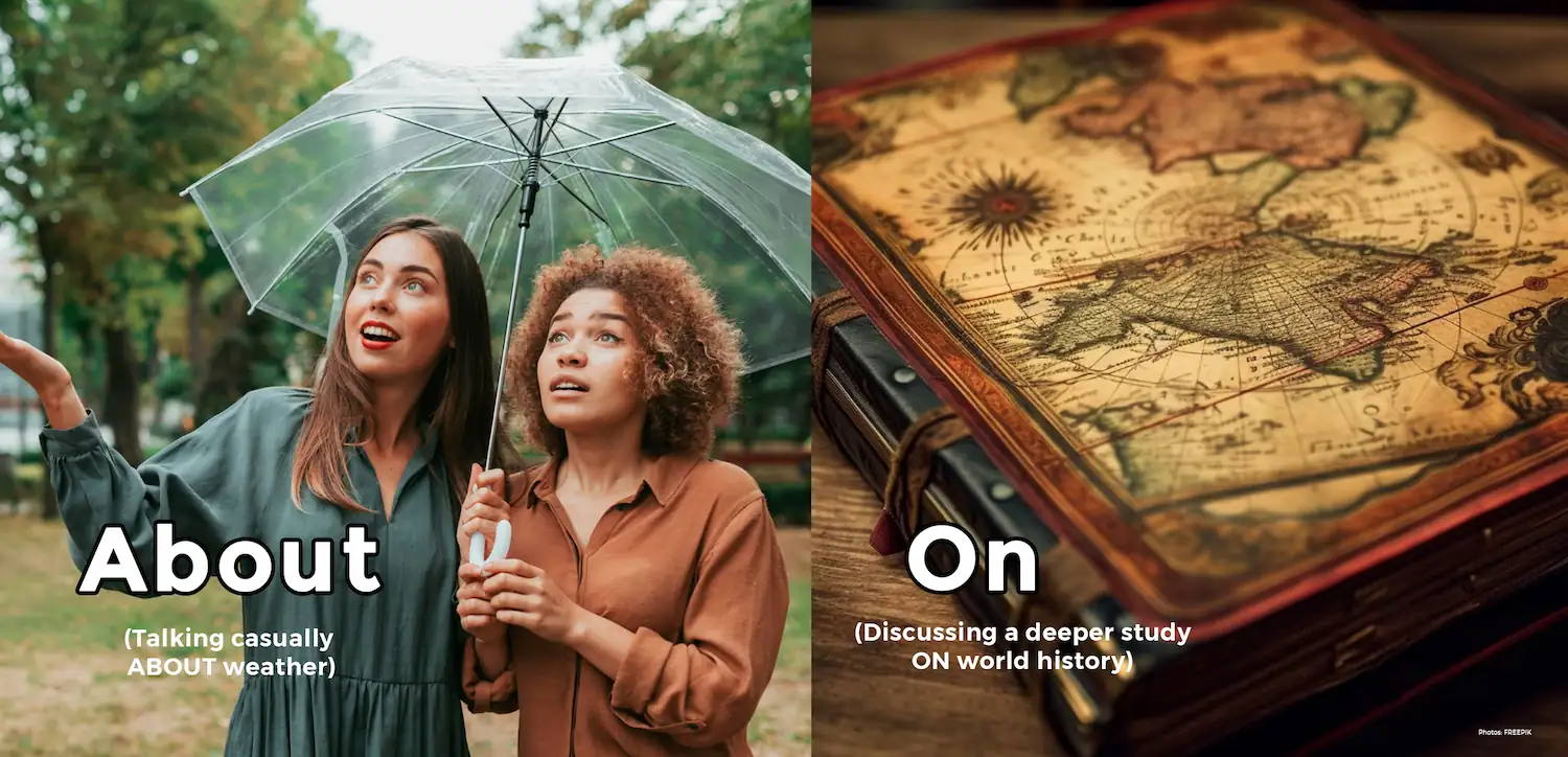 an image discussing the difference between prepositions "about" and "on" in terms of topics or discussing ideas