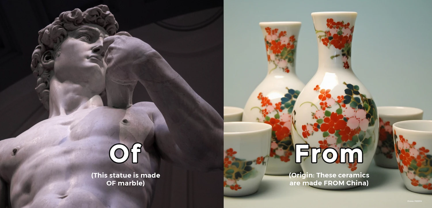 an image discussing the difference between prepositions "Of" and "from" in terms of origin and materials used