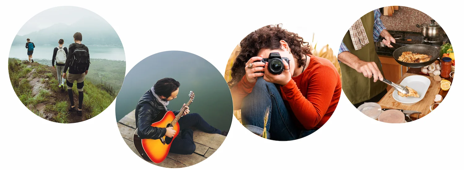 English Conversation Topics About Hobbies A Useful Guide, an image of four hobbies in one namely: hiking, playing guitar, photography and cooking