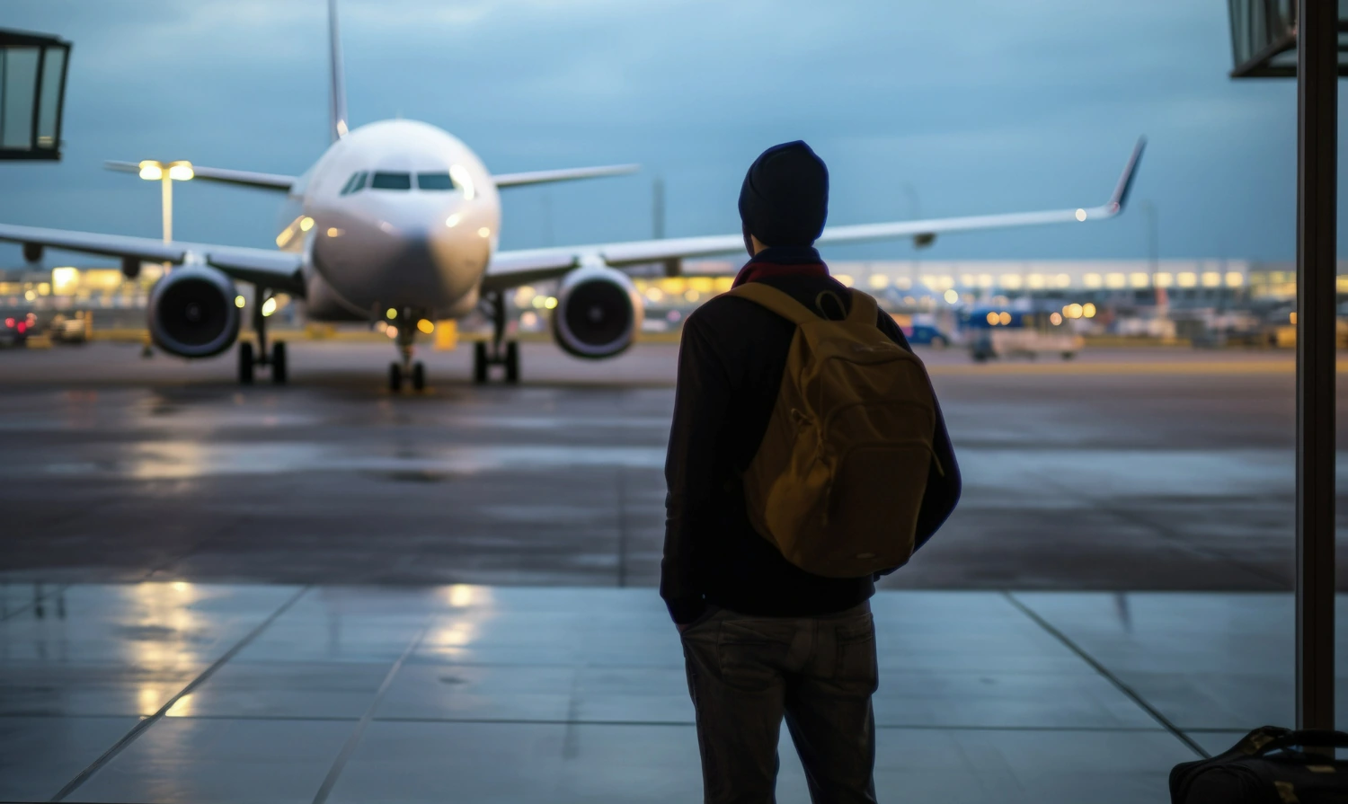 Essential English Phrases for Airport Conversations A Guide for a Smooth Trip. An image of a man looking at an airplane