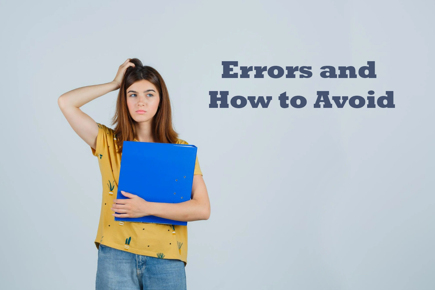 Practice British English Pronunciation Like a Pro, a confused female student trying to understand errors in grammar and holding a book